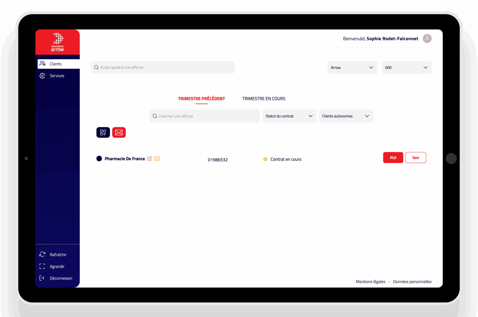 Interface tablette de l'outil de coopération commerciale du Laboratoire Arrow